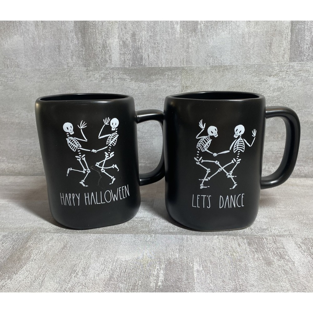 Rae Dunn Halloween Mugs Set Dancing Skeletons Happy Halloween Lets Dance Ceramic